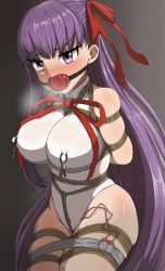 Rule 34 | 1girl, absurdres, ball gag, bb (fate), bdsm, bondage, bound, breasts, competition swimsuit, crotch rope, drooling, fate/grand order, fate (series), gag, gagged, highres, large breasts, nipple clamps, one-piece swimsuit, purple eyes, purple hair, ribbon, rope, saliva, sara mi katsuo, sex toy, solo, sweat, swimsuit, vibrator, white one-piece swimsuit