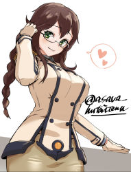 Rule 34 | 1girl, asava (hutaitenn), bespectacled, braid, breasts, brown hair, brown shirt, brown skirt, buttons, cosplay, cowboy shot, double-breasted, glasses, green eyes, highres, kantai collection, katori (kancolle), katori (kancolle) (cosplay), large breasts, long hair, long sleeves, looking at viewer, military, military uniform, noshiro (kancolle), pencil skirt, shirt, simple background, skirt, smile, solo, swept bangs, twin braids, twitter username, uniform, white background