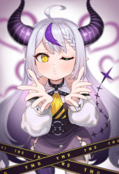Rule 34 | 1girl, absurdres, ahoge, bare shoulders, belt, black choker, blowing kiss, blurry, blurry background, blush, braid, caution tape, choker, cross, cross print, demon girl, demon horns, film grain, food211, grey hair, heart, highres, hololive, holox, horns, la+ darknesss, long hair, looking at viewer, multicolored hair, necktie, o-ring, o-ring belt, one eye closed, pointy ears, puckered lips, purple hair, purple horns, slit pupils, solo, streaked hair, striped, striped horns, two-tone hair, virtual youtuber, yellow eyes, yellow necktie