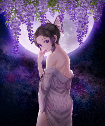 Rule 34 | 1girl, aesice, back, bare shoulders, black hair, bug, butterfly, butterfly hair ornament, cowboy shot, dress, flower, from behind, full moon, hair ornament, hand to own mouth, highres, insect, kimetsu no yaiba, kochou shinobu, looking at viewer, looking back, moon, nape, night, night sky, off shoulder, pink dress, purple eyes, short hair, sky, smile, solo, star (sky), wisteria