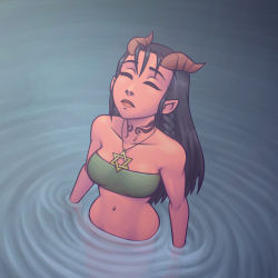 Rule 34 | 1girl, absurdres, black choker, black hair, bra, breasts, brown horns, choker, closed eyes, closed mouth, colored skin, crop top, dahlia (day of wrath), day of wrath (infinitypilot), demon, demon girl, demon horns, doom (series), expressionless, facing up, fanfic, fantasy, guilhermerm, head tilt, hexagram, highres, horns, jewelry, long hair, looking up, meditation, medium breasts, midriff, modesty cover, nature, neck tattoo, original, outdoors, pointy ears, red skin, river, slave, slave tattoo, solo, solo focus, star of david, strapless, strapless bra, tattoo, tiefling, tube top, underwear, wading, water, wet, wet clothes