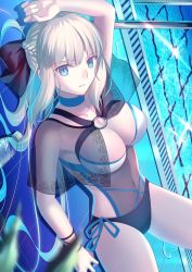 Rule 34 | 1girl, arm up, black bow, blue choker, blue eyes, bow, braid, breasts, choker, dutch angle, fate/grand order, fate (series), french braid, hair bow, highres, large breasts, looking at viewer, lying, mishiro (ixtlolton), morgan le fay (fate), on back, parted lips, pool, see-through, see-through shirt, sidelocks, solo, swimsuit, white hair