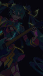 Rule 34 | 1girl, akiakane, aqua eyes, aqua hair, aqua nails, aqua skirt, arm up, black background, cowboy shot, electric guitar, electricity, garter straps, glowing, grin, guitar, hair between eyes, hair ornament, halftone, halftone texture, hand up, hatsune miku, hatsune miku japan tour 2023 ~thunderbolt~, highres, holding, holding instrument, instrument, lightning bolt, lightning bolt hair ornament, lightning bolt symbol, long hair, long sleeves, looking at viewer, midriff, official alternate costume, official art, pleated skirt, second-party source, shrug (clothing), single garter strap, skirt, smile, solo, thigh strap, triangle ring, twintails, two-sided fabric, two-sided skirt, two-sided sleeves, very long hair, vocaloid