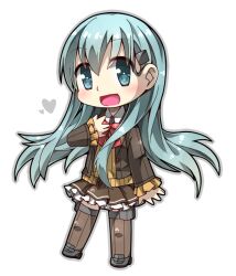 Rule 34 | 1girl, aqua hair, blue eyes, blush, bow, brown jacket, brown thighhighs, chibi, collared shirt, full body, grey footwear, hair between eyes, hair ornament, hairclip, hand on own chest, heart, jacket, ka zhi, kantai collection, long hair, open mouth, red bow, shirt, simple background, skirt, solo, suzuya (kancolle), thighhighs, white background
