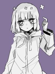 Rule 34 | 1girl, arm at side, blunt bangs, blunt ends, bob cut, closed mouth, flower, greyscale with colored background, hair flower, hair ornament, highres, hood, hoodie, hydrangea (vocaloid), index finger raised, lonepi, long sleeves, looking to the side, purple background, short hair, solo, vocaloid, white eyes, white flower, white hair, white hoodie