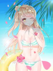 Rule 34 | 10s, 1girl, bare shoulders, blush, bow, breasts, cleavage, closed mouth, collarbone, finger to mouth, flower, green bow, grey hair, hair bow, highres, holding, holding swim ring, index finger raised, innertube, large breasts, long hair, looking at viewer, love live!, love live! school idol festival, love live! school idol project, minami kotori, navel, one eye closed, outdoors, petals, smile, solo, standing, swim ring, swimsuit, yellow eyes, youga