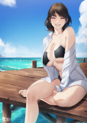 Rule 34 | 1girl, bikini, blueorca, blush, breasts, brown hair, cleavage, collared shirt, dock, grin, highres, large breasts, looking at viewer, mole, mole under eye, open clothes, open shirt, original, outdoors, pier, scenery, shirt, single bare shoulder, sitting, sky, smile, solo, swimsuit, underboob, water, waves, white shirt