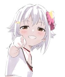 Rule 34 | 1girl, armpits, bow, breasts, brown eyes, child, flat chest, from side, grey hair, grin, hair bow, hair ornament, hairclip, idolmaster, idolmaster cinderella girls, jewelry, koshimizu sachiko, looking at viewer, looking to the side, meme, midriff, necklace, pink bow, pointing, pointing at viewer, short hair, simple background, sincos, small breasts, smile, solo, teeth, white background