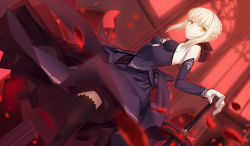 Rule 34 | 1girl, artoria pendragon (all), artoria pendragon (fate), bare shoulders, black thighhighs, blonde hair, breasts, detached sleeves, dress, excalibur morgan (fate), fate/stay night, fate (series), hair ribbon, looking at viewer, motion blur, petals, ribbon, saber (fate), saber alter, small breasts, solo, sword, thighhighs, weapon, yangsion, yellow eyes