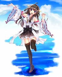 Rule 34 | 10s, 1girl, :d, ahoge, bad hands, black eyes, boots, brown hair, day, detached sleeves, fule, full body, hairband, high heel boots, high heels, highres, kantai collection, kongou (kancolle), leg up, long hair, nontraditional miko, ocean, open mouth, pleated skirt, skirt, sky, smile, solo, standing, standing on liquid, standing on one leg, thigh boots, thighhighs, wide sleeves, zettai ryouiki