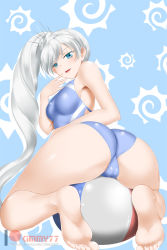 Rule 34 | 1girl, ass, ball, bare shoulders, barefoot, beachball, blue background, blue eyes, blue one-piece swimsuit, blush, breasts, cameltoe, cleft of venus, competition swimsuit, feet, from behind, highres, kimmy77, kneeling, long hair, looking at viewer, looking back, medium breasts, naughty face, one-piece swimsuit, open mouth, ponytail, rwby, scar, scar across eye, scar on face, shiny skin, side ponytail, smile, soles, solo, swimsuit, tagme, weiss schnee, white hair