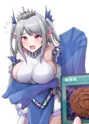 Rule 34 | 1girl, alternate breast size, arm under breasts, armlet, bare shoulders, blush, breasts, card, collar, commentary, covered navel, detached sleeves, duel monster, embarrassed, fins, grey hair, hand up, head fins, highres, holding, holding card, large breasts, long sleeves, megamorph, metal collar, open mouth, pink eyes, pov, sideboob, sleeves past fingers, sleeves past wrists, tearlaments scheiren, tiara, two side up, warubo, yu-gi-oh!