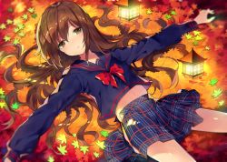 Rule 34 | 1girl, autumn, autumn leaves, blurry, blush, bow, bowtie, brown eyes, brown hair, depth of field, long hair, long sleeves, looking at viewer, lying, navel, on back, original, red bow, rugo, school uniform, sidelocks, solo