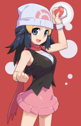 Rule 34 | 1girl, :d, alternate breast size, arm up, black hair, black shirt, bracelet, breasts, cleavage, clenched hand, commentary request, creatures (company), dawn (pokemon), eyelashes, game freak, grey eyes, highres, holding, holding poke ball, jewelry, long hair, nanina (nijnan), nintendo, open mouth, pink skirt, poke ball, poke ball (basic), pokemon, pokemon dppt, poketch, red scarf, scarf, shirt, skirt, sleeveless, sleeveless shirt, smile, solo, tongue, watch, wristwatch