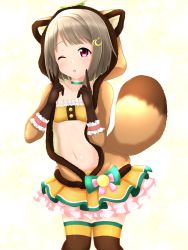 Rule 34 | 1girl, :o, ;o, absurdres, animal ears, animal hood, artist name, artist request, bandeau, black gloves, black thighhighs, blush, bow, breasts, brown gloves, brown hair, brown hoodie, brown jacket, brown thighhighs, buttons, choker, collarbone, crescent, crescent hair ornament, exciting animal (love live!), female focus, finger to cheek, fingers to cheeks, frill trim, frilled bandeau, frilled cuffs, frilled skirt, frilled sleeves, frills, fur-trimmed jacket, fur jacket, fur trim, gloves, green bow, green choker, green ribbon, grey hair, hair ornament, heart, heart (symbol), heart print, highres, hood, hood up, hooded jacket, hoodie, jacket, jewelry, leaf hair ornament, leaf print, light brown hair, long sleeves, looking at viewer, love live!, love live! nijigasaki high school idol club, love live! school idol festival, love live! school idol festival all stars, midriff, miniskirt, nakasu kasumi, neck ribbon, necklace, one eye closed, orange bandeau, orange skirt, parted lips, pink bow, pink eyes, plaid, plaid skirt, pleated, pleated skirt, puffy long sleeves, puffy sleeves, purple eyes, raccoon costume, raccoon ears, raccoon hood, raccoon tail, red eyes, ribbon, ribbon trim, short hair, skirt, smile, solo, star (symbol), star hair ornament, stomach, tail, thighhighs, two-tone legwear, two-tone skirt, white wrist cuffs, wrist cuffs