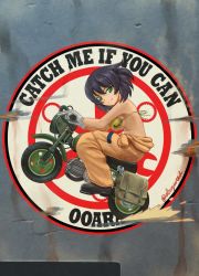 Rule 34 | 10s, 1girl, abazu-red, bikini, bikini top only, black hair, breasts, girls und panzer, green eyes, highres, hoshino (girls und panzer), jumpsuit, large breasts, md5 mismatch, motor vehicle, motorcycle, nose art, resized, resolution mismatch, riding, solo, source larger, swimsuit, twitter username