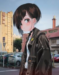 Rule 34 | 1girl, absurdres, bad id, bad twitter id, black jacket, blue sky, blush, brown eyes, brown hair, car, chain-link fence, closed mouth, day, diagonal bangs, ear piercing, earclip, earrings, fence, from side, gishiki (gshk), highres, honda, honda fit, jacket, jewelry, long sleeves, looking at viewer, looking to the side, motor vehicle, no nose, open clothes, open jacket, original, outdoors, photo background, piercing, shirt, short hair, sky, smiley face, solo, toyota, toyota prius, upper body, white shirt