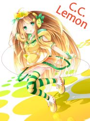 Rule 34 | 1girl, :o, arm up, blonde hair, blush, bottle, c.c. lemon, c.c. lemon (character), chabaneko, character name, copyright name, digital media player, green eyes, headphones, highres, holding, long hair, looking at viewer, polka dot, shadow, solo, striped clothes, striped thighhighs, tarutaru22, thighhighs, wrist cuffs