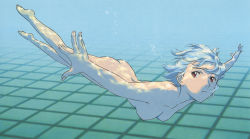 Rule 34 | 1girl, :t, ass, ayanami rei, back, blue hair, breasts, bubble, caustics, foreshortening, from side, highres, holding breath, legs, neon genesis evangelion, nipples, nude, outstretched arms, pale skin, pool, pout, red eyes, short hair, skinny dipping, small breasts, solo, spread arms, swimming, third-party edit, tiles, tsurumaki kazuya, underwater