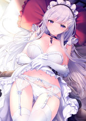 Rule 34 | 1girl, azur lane, bare shoulders, belfast (azur lane), black dress, blush, braid, breasts, broken, broken chain, chain, cleavage, clothes lift, collarbone, commentary request, cowboy shot, dress, dress lift, french braid, frilled dress, frilled gloves, frills, garter belt, garter straps, gloves, groin, hair between eyes, large breasts, lifted by self, long hair, looking at viewer, lying, maid, maid headdress, midriff, navel, on back, on bed, panties, panties over garter belt, parted lips, pillow, pontaro18, purple eyes, sidelocks, silver hair, skindentation, solo, sweat, thighhighs, underwear, white gloves, white panties, white thighhighs