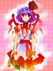 Rule 34 | 1girl, alternate costume, bare shoulders, closed mouth, dress, eyebrows, female focus, hat, hat ribbon, kanawo, looking at viewer, mob cap, purple hair, red eyes, red ribbon, remilia scarlet, ribbon, sash, short hair, smile, solo, standing, touhou, white dress, wings