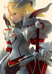 Rule 34 | 1girl, absurdres, armor, blonde hair, clarent (fate), cowboy shot, fate/grand order, fate (series), from side, glaring, green eyes, highres, mordred (fate), mordred (fate/apocrypha), parted lips, pauldrons, planted, planted sword, planted weapon, ponytail, shoulder armor, solo, sword, tabard, weapon, yayoi fmfm