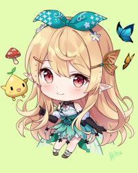 Rule 34 | 1girl, animal, black gloves, blonde hair, blue ribbon, bug, butterfly, chibi, closed mouth, commentary, detached sleeves, elbow gloves, english commentary, fairy wings, full body, gloves, green background, green skirt, hair between eyes, hair ornament, hair ribbon, hairclip, high-waist skirt, highres, hitsukuya, insect, long hair, looking at viewer, mushroom, nijisanji, nijisanji en, pointy ears, pomu rainpuff, pomu rainpuff (1st costume), puffy short sleeves, puffy sleeves, red eyes, ribbon, shirt, short sleeves, signature, simple background, skirt, sleeveless, sleeveless shirt, smile, solo, very long hair, virtual youtuber, white shirt, white sleeves, wings