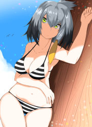 Rule 34 | 10s, 1girl, animal, arm at side, armpits, bad id, bad pixiv id, bare arms, bare shoulders, bikini, bird wings, black hair, blue sky, breasts, capoki, cleavage, closed mouth, cloud, cloudy sky, collarbone, day, flying, green eyes, groin, hair between eyes, hair ornament, hair tie, head wings, highres, kemono friends, legs together, light particles, long hair, low ponytail, lying, medium breasts, multicolored hair, navel, orange hair, outdoors, shoebill (kemono friends), short hair, side ponytail, silver hair, skindentation, sky, solo, string bikini, striped bikini, striped clothes, swimsuit, thigh gap, two-tone hair, wings, wooden floor