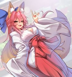 Rule 34 | 1girl, absurdres, animal ear fluff, animal ears, blush, breasts, cleavage, fate/extra, fate (series), fox ears, fox girl, fox tail, hakama, highres, japanese clothes, kimono, large breasts, long hair, long sleeves, looking at viewer, miko, open mouth, pink hair, red hakama, smile, solo, tail, tamamo (fate), tamamo no mae (fate/extra), white kimono, wide sleeves, wisespeak, yellow eyes