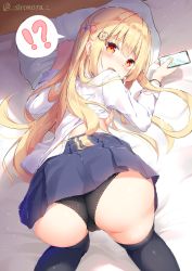 Rule 34 | !?, 1girl, all fours, ass, bed, bed sheet, black panties, black thighhighs, blonde hair, blue skirt, bracelet, breasts, cat hair ornament, cellphone, clothes lift, commentary request, hair between eyes, hair bobbles, hair ornament, highres, holding, holding phone, jewelry, long hair, looking at viewer, on bed, open mouth, orange eyes, original, panties, phone, school uniform, shirt, shirt lift, sideboob, sidelocks, sironora, skirt, small breasts, smartphone, solo, spoken interrobang, thighhighs, thighs, underwear, uniform, white shirt