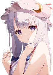 Rule 34 | 1girl, :/, bare shoulders, blue bow, bow, closed mouth, crescent, crescent hair ornament, hair bow, hair ornament, hands up, hat, highres, holding, kamachi (kamati0maru), long hair, looking at viewer, mob cap, patchouli knowledge, purple eyes, purple hair, red bow, ribbon, simple background, solo, striped, touhou, upper body, white background