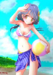 Rule 34 | arm up, artist name, ball, bare arms, bare legs, bare shoulders, beach, beachball, bikini, blue hair, blush, breasts, brown eyes, cleavage, clothes around waist, cloud, cloudy sky, commentary request, cowboy shot, day, frilled bikini, frills, hair ornament, hairclip, halterneck, hill, holding, holding ball, kasuga rurito, large breasts, long hair, looking away, low twintails, mismatched bikini, navel, ocean, outdoors, precure, purple bikini, sarong, shading eyes, shadow, shiny skin, sideways glance, signature, sky, smile, solo, stomach, suzumura sango, swimsuit, triangle hair ornament, tropical-rouge! precure, twintails, yellow bikini