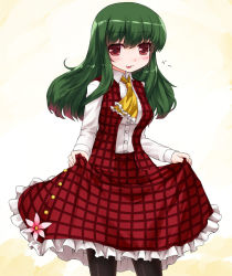 Rule 34 | 1girl, :p, alternate hairstyle, ascot, bad id, bad pixiv id, black pantyhose, blush, clothes lift, female focus, flower, green hair, kazami yuuka, ktsecond, long hair, multicolored hair, pantyhose, plaid, plaid skirt, plaid vest, red eyes, skirt, skirt lift, skirt set, solo, tongue, tongue out, touhou, two-tone hair, vest
