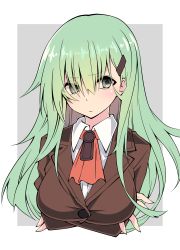 Rule 34 | 1girl, absurdres, bad id, bad nicoseiga id, blouse, breast hold, breasts, brown jacket, buttons, cardigan, crossed arms, frown, green eyes, green hair, hair ornament, hairclip, highres, jacket, kantai collection, large breasts, long hair, long sleeves, sakakiba misogi, school uniform, shirt, solo, suzuya (kancolle), upper body, white shirt, wing collar