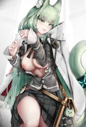 Rule 34 | 1girl, :p, absurdres, animal ear fluff, animal ears, arknights, black skirt, breasts, breasts out, cape, cardigan, cat ears, cat tail, commentary request, cowboy shot, green eyes, green hair, grey cardigan, harmonie (arknights), highres, infection monitor (arknights), large breasts, long hair, long sleeves, looking at viewer, miniskirt, nipples, no bra, nopetroto, open cardigan, open clothes, pleated skirt, skirt, solo, tail, thighs, tongue, tongue out, very long hair, white cape