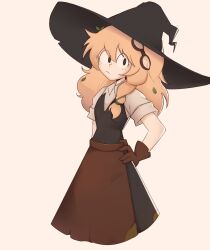 Rule 34 | 1girl, apron, black dress, black skirt, blonde hair, brown apron, brown gloves, dress, freckles, gloves, goggles, goggles on head, hand on own hip, hat, highres, kappce, kirisame marisa, long hair, looking at viewer, shirt, short sleeves, side ponytail, skirt, solo, touhou, white background, white shirt, witch hat
