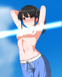Rule 34 | 1girl, arms behind head, arms up, artist request, black hair, blue male swimwear, blue sky, blue swim trunks, blush, breasts, censored, character request, closed mouth, copyright name, day, drawstring, female focus, highres, looking at viewer, male swimwear, male swimwear challenge, medium breasts, medium hair, outdoors, ponytail, red eyes, sky, solo, source request, standing, sweat, swim trunks, swimsuit, tagme, topless