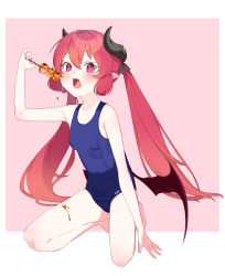 Rule 34 | 1girl, absurdres, alternate costume, arm up, blue archive, blush, breasts, collarbone, dango, food, hair between eyes, highres, horns, junko (blue archive), long hair, open mouth, red eyes, red hair, school swimsuit, simple background, sitting, small breasts, solo, swimsuit, twintails, umashio, wagashi, wings