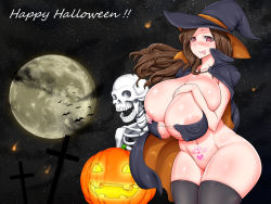 Rule 34 | 1girl, ahegao8, areola slip, bare shoulders, bottomless, breasts, cleavage, collarbone, halloween, hat, highres, hip focus, huge breasts, legs, long hair, no panties, pubic tattoo, pumpkin, shiny skin, skeleton, smile, solo focus, tattoo, tongue, tongue out, wide hips, witch, witch hat