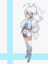 Rule 34 | 1girl, ahoge, ankle boots, asakuraki, blue background, blue eyes, blue necktie, blush, boots, closed mouth, collared shirt, dark-skinned female, dark skin, full body, hands on own hips, highres, jacket, long hair, long sleeves, looking at viewer, necktie, open clothes, open jacket, original, ponytail, shirt, smile, standing, thighhighs, two-tone background, v-shaped eyebrows, white background, white footwear, white hair, white jacket, white shirt, white thighhighs