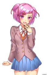 Rule 34 | 1girl, :d, artist name, blue skirt, blush, cowboy shot, cupcake, doki doki literature club, fang, food, hair ornament, hair ribbon, hairclip, hand up, highres, holding, holding food, kio rojine, looking at viewer, natsuki (doki doki literature club), open mouth, pink eyes, pink hair, pleated skirt, red ribbon, ribbon, school uniform, short hair, simple background, skirt, smile, solo, teeth, two side up, white background