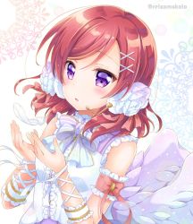 Rule 34 | 1girl, angel wings, ankle lace-up, arm garter, artist name, artist request, bare shoulders, blouse, blush, bow, bowtie, center frills, chain, cross-laced footwear, feathered wings, female focus, flower, frills, gold chain, hair between eyes, hair flower, hair ornament, harp, headphones, headset, instrument, looking at viewer, love live!, love live! school idol festival, love live! school idol project, low wings, nishikino maki, purple eyes, purple skirt, red eyes, red hair, ribbon, rose, sakurai makoto (custom size), shirt, short hair, skirt, sleeveless, smile, solo, striped bow, striped bowtie, striped clothes, swept bangs, wading, white bow, white shirt, white wings, wings, wrist ribbon, x hair ornament