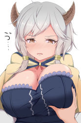Rule 34 | 10s, 1girl, blush, grabbing another&#039;s breast, breasts, brown eyes, bursting breasts, cleavage, draph, grabbing, granblue fantasy, highres, hood, horns, kumuyu, large breasts, long hair, low twintails, open mouth, silver hair, solo focus, swept bangs, tears, twintails, upper body, yukaiyan