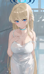 Rule 34 | 1girl, bare shoulders, blonde hair, blue archive, blue eyes, blush, braid, breasts, choker, cleavage, collarbone, dema hmw, dress, earrings, halo, highres, jewelry, large breasts, long hair, looking at viewer, solo, toki (blue archive), wet, white dress