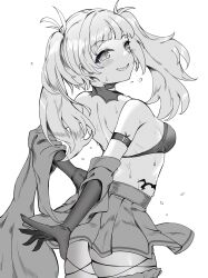 Rule 34 | 1girl, absurdres, arm belt, azur lane, bare back, bare shoulders, bikini, bikini top only, blunt bangs, blush, breasts, elbow gloves, envel203, from behind, gloves, greyscale, highres, jacket, long hair, looking at viewer, looking back, medium breasts, monochrome, off shoulder, pleated skirt, sideboob, simple background, skirt, smile, solo, stomach tattoo, sweat, swimsuit, tattoo, thigh strap, thighs, twintails, u-556 (azur lane), u-556 (meta) (azur lane), white background