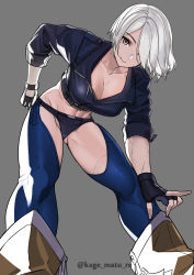 Rule 34 | 1girl, absurdres, angel (kof), boots, bra, breasts, cleavage, cowboy boots, cropped jacket, fingerless gloves, gloves, hair over one eye, hand on own hip, hand on knee, hand on own knee, highres, jacket, kagematsuri, large breasts, leaning forward, leather, leather jacket, looking at viewer, looking down, revision, smile, snk, strapless, strapless bra, the king of fighters, the king of fighters xiv, the king of fighters xv, toned, underwear, white hair
