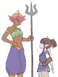 Rule 34 | 2girls, alternate costume, alternate hairstyle, alternate skin color, amanda o&#039;neill, crossover, dark-skinned female, dark skin, gerudo, green eyes, green lips, hand on own hip, kagari atsuko, kisetsu, little witch academia, looking at another, midriff, multicolored hair, multiple girls, nintendo, parody, pointy ears, polearm, ponytail, red eyes, red hair, shiny rod (little witch academia), short hair, sleeveless, sword, the legend of zelda, the legend of zelda: breath of the wild, trident, two-tone hair, weapon