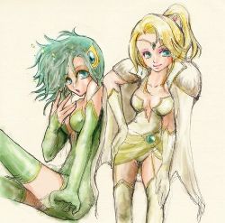 Rule 34 | 1990s (style), 2girls, blonde hair, bridal gauntlets, female focus, final fantasy, final fantasy iv, green hair, looking at viewer, lowres, multiple girls, rosa farrell, rydia (ff4), sleeveless, thighhighs