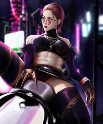 Rule 34 | 1girl, abs, absurdres, ass, bare shoulders, black panties, booger wang, breasts, claws, evelynn (league of legends), hair slicked back, highres, huge filesize, idol, k/da (league of legends), k/da evelynn, league of legends, lipstick, looking over eyewear, looking over glasses, makeup, medium breasts, midriff, miniskirt, navel, panties, pantyshot, pink-tinted eyewear, pink-tinted glasses, purple-tinted eyewear, purple-tinted glasses, purple hair, purple thighhighs, red lips, short hair, sitting, skirt, solo, spread legs, straddling, sunglasses, thighhighs, tinted eyewear, toned, underwear, upskirt