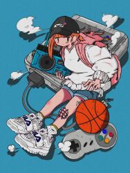 Rule 34 | 1girl, backpack, bag, ball, bandaid, bandaid on knee, bandaid on leg, baseball cap, basketball (object), black eyes, black hat, blue background, blue shorts, blunt bangs, boombox, commentary request, fila, full body, game console, halftone, hat, highres, holding boombox, leg tattoo, long sleeves, looking at viewer, nao97122, nike (company), orange hair, original, pink bag, revision, ribbed socks, shoes, shorts, sitting, sneakers, socks, solo, streetwear, super famicom, super famicom gamepad, sweater, tattoo, white footwear, white socks, white sweater